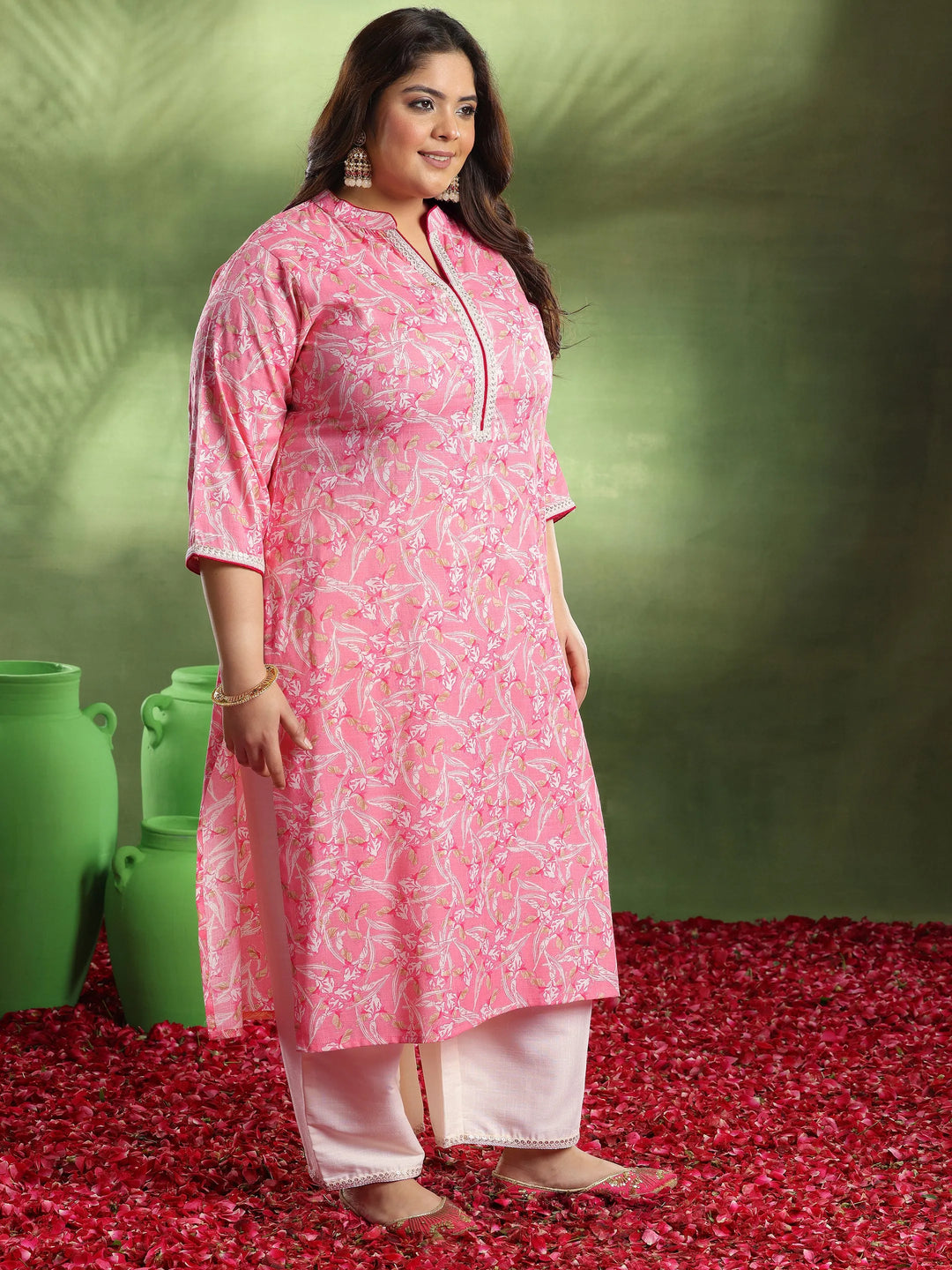  Plus Size Pink Printed Cotton Blend Straight Suit With Dupatta 