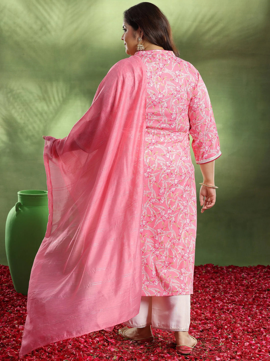 Plus Size Pink Printed Cotton Blend Straight Suit With Dupatta 
