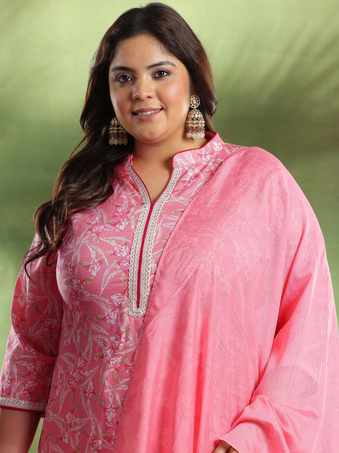  Plus Size Pink Printed Cotton Blend Straight Suit With Dupatta 