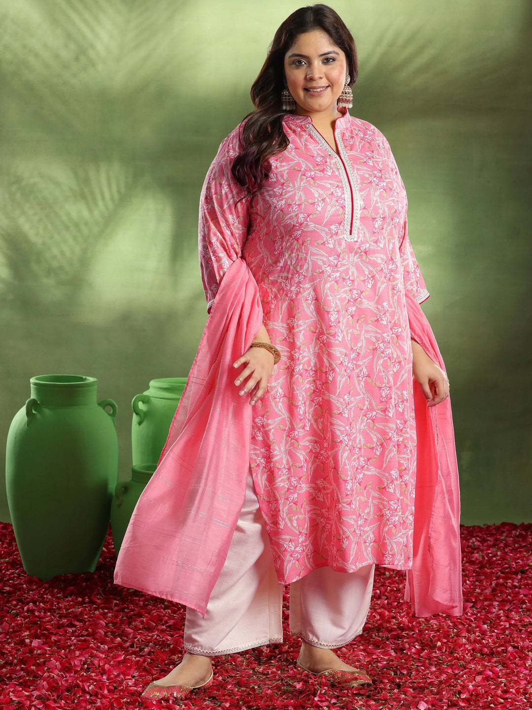  Plus Size Pink Printed Cotton Blend Straight Suit With Dupatta 