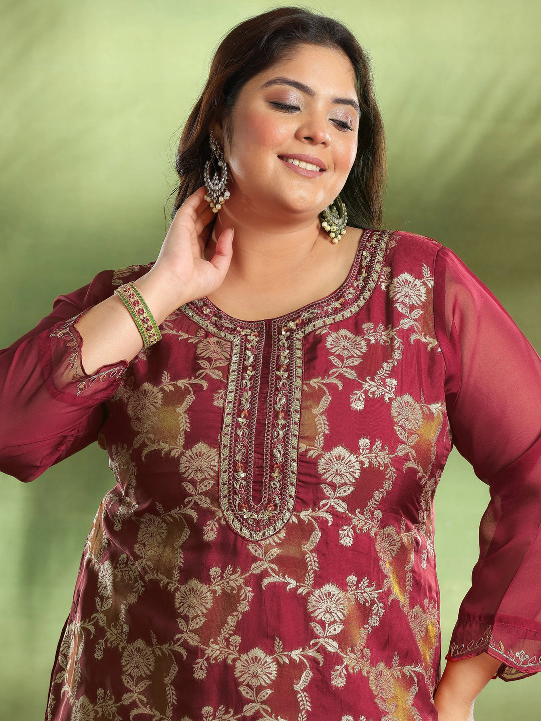  Plus Size Maroon Woven Design Organza Straight Suit With Dupatta 