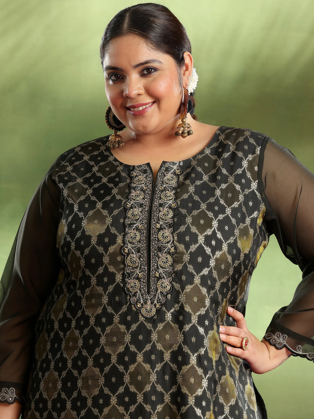 Plus Size Black Woven Design Organza Straight Suit With Dupatta 