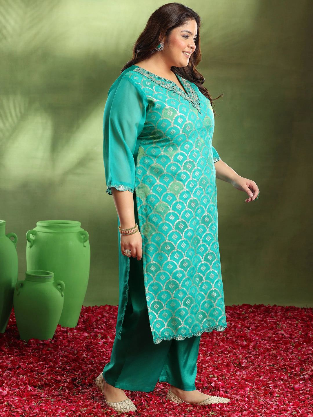 Plus Size Green Woven Design Organza Straight Suit With Dupatta 