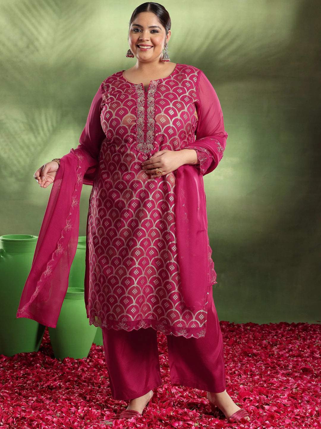  Plus Size Pink Woven Design Organza Straight Suit With Dupatta 