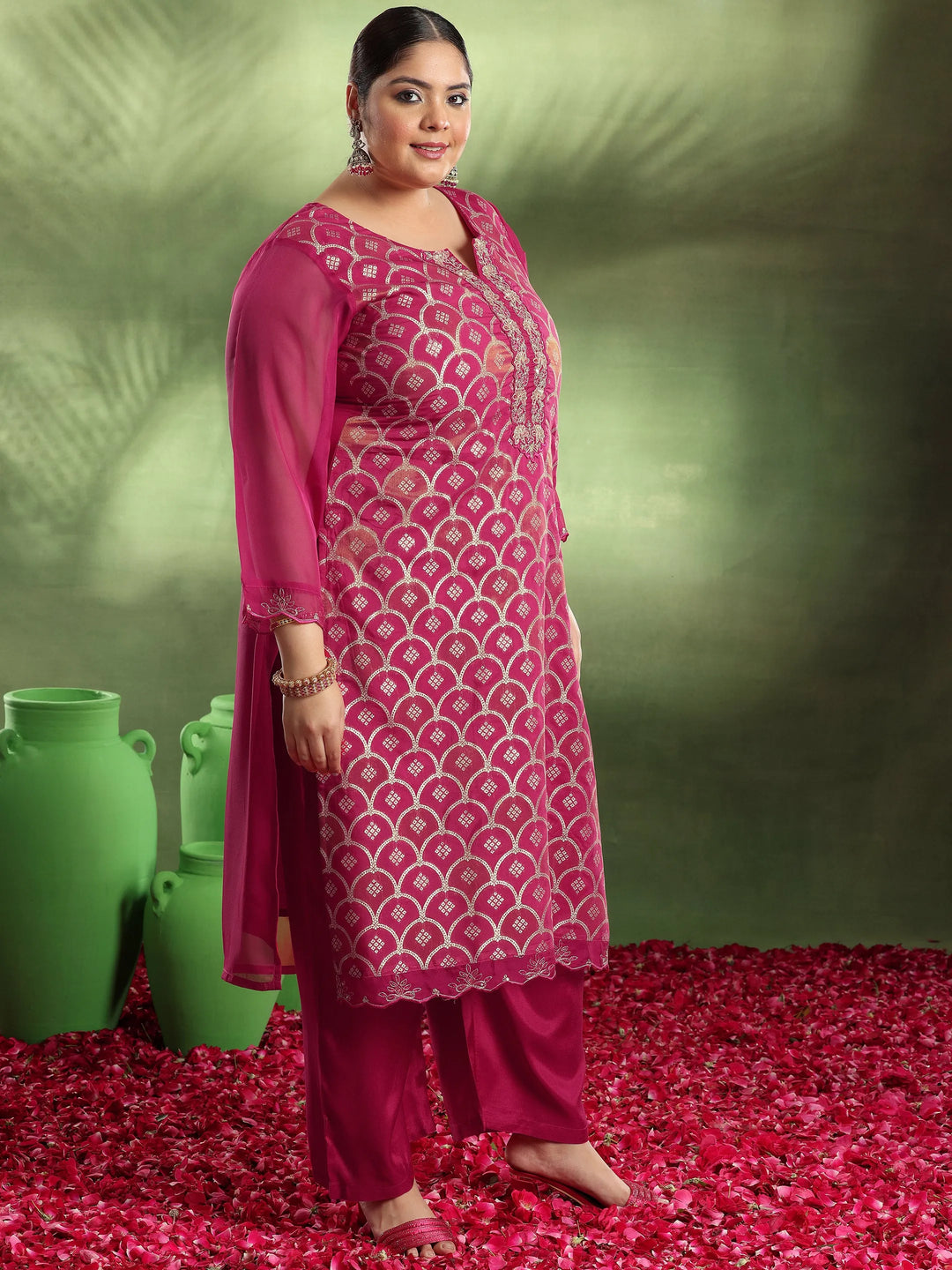  Plus Size Pink Woven Design Organza Straight Suit With Dupatta 