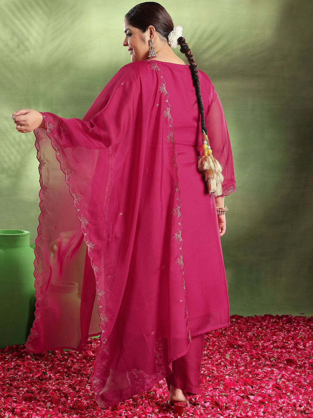  Plus Size Pink Woven Design Organza Straight Suit With Dupatta 