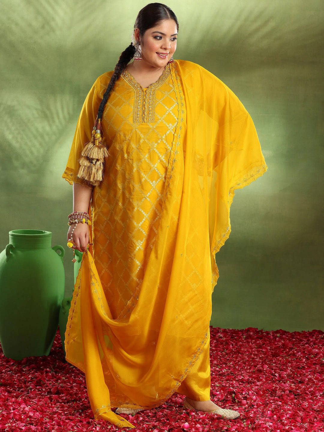  Plus Size Yellow Woven Design Organza Straight Suit With Dupatta 