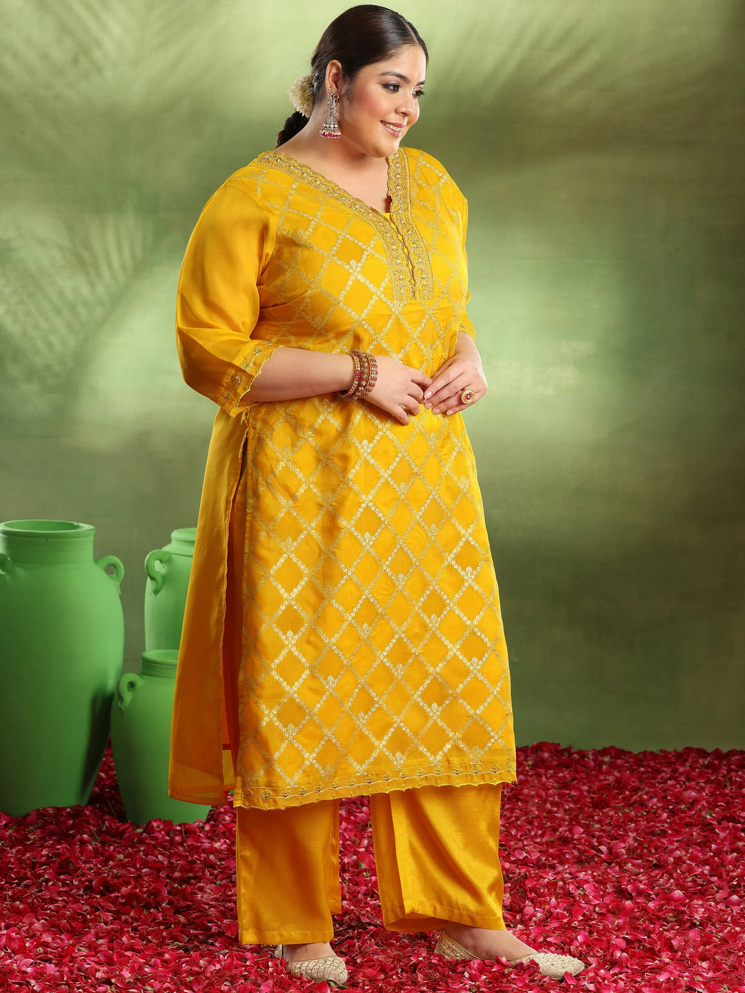  Plus Size Yellow Woven Design Organza Straight Suit With Dupatta 