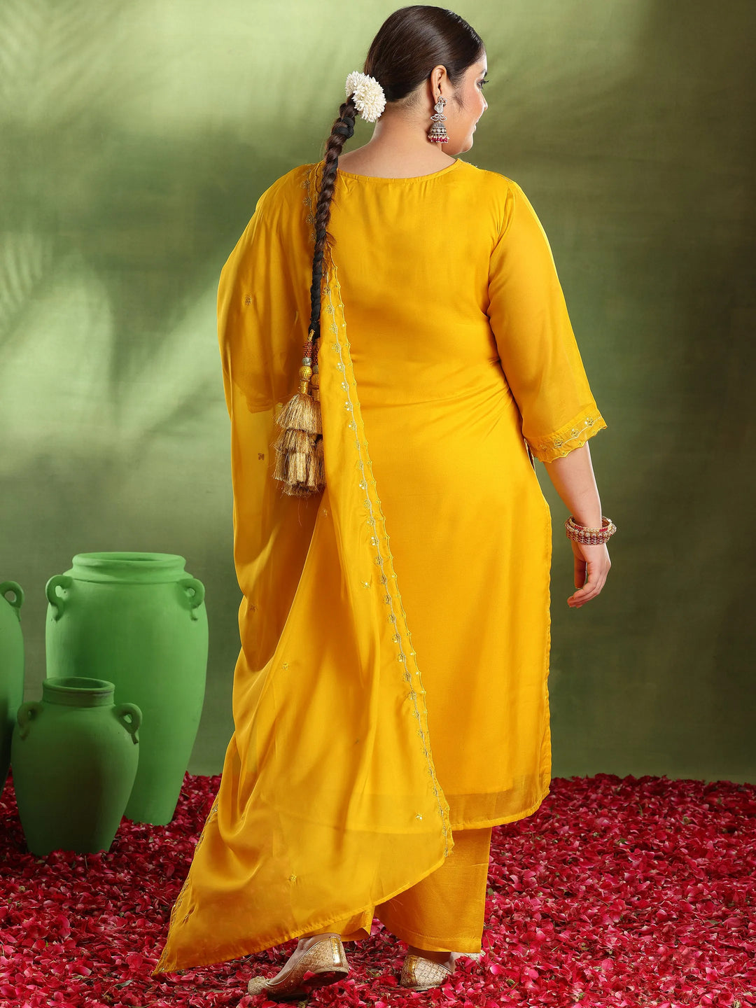  Plus Size Yellow Woven Design Organza Straight Suit With Dupatta 