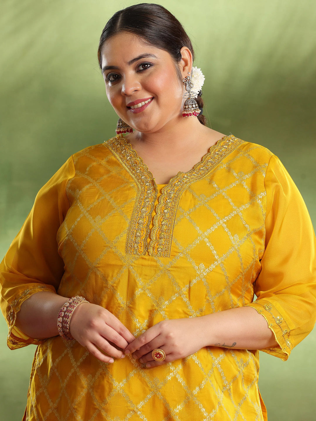  Plus Size Yellow Woven Design Organza Straight Suit With Dupatta 