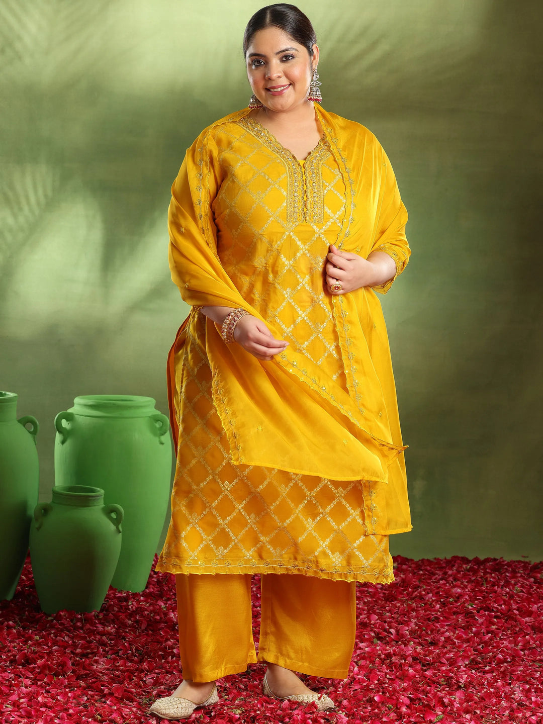  Plus Size Yellow Woven Design Organza Straight Suit With Dupatta 