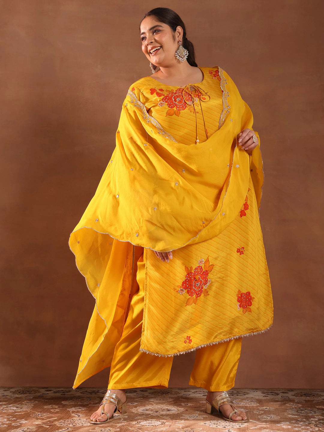  Plus Size Mustard Printed Silk Blend Straight Suit With Dupatta 