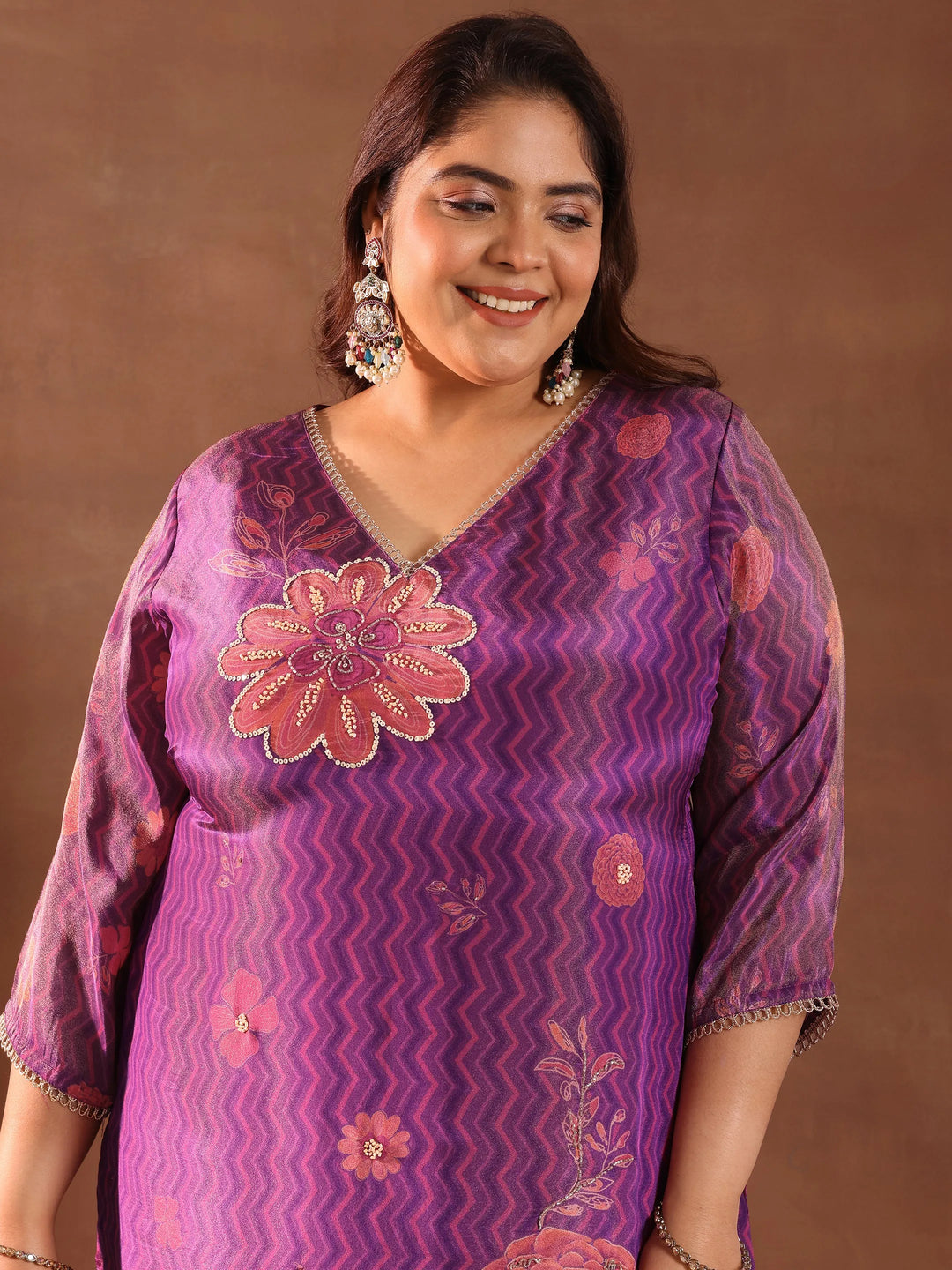  Plus Size Purple Printed Silk Blend Straight Suit With Dupatta 