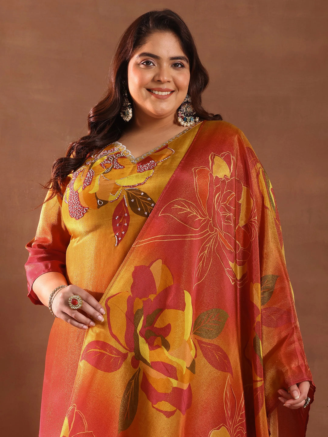  Plus Size Orange Printed Silk Blend Straight Suit With Dupatta 