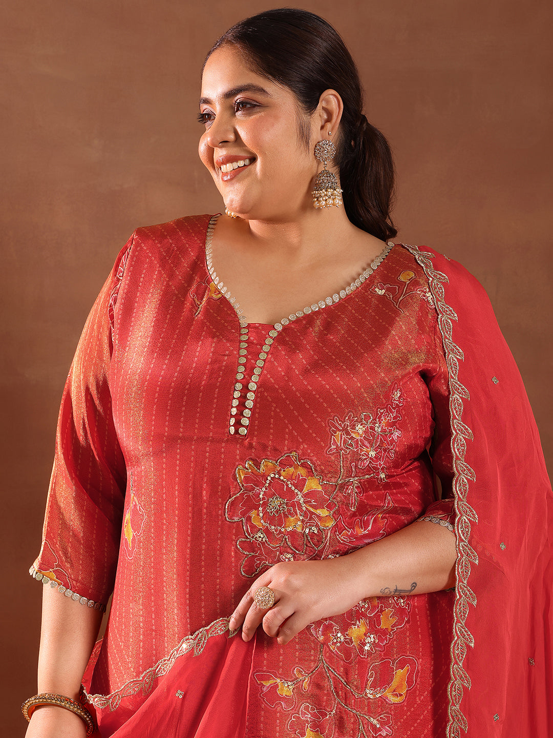  Plus Size Red Printed Silk Blend Straight Suit With Dupatta 