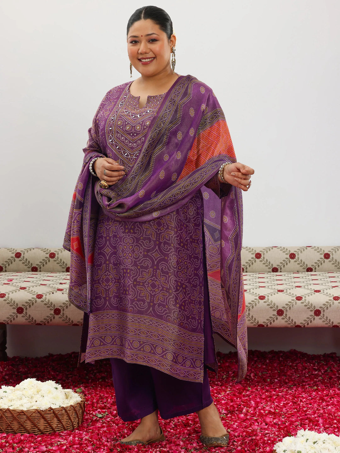 Plus Size Purple Printed Silk Blend Straight Suit With Dupatta