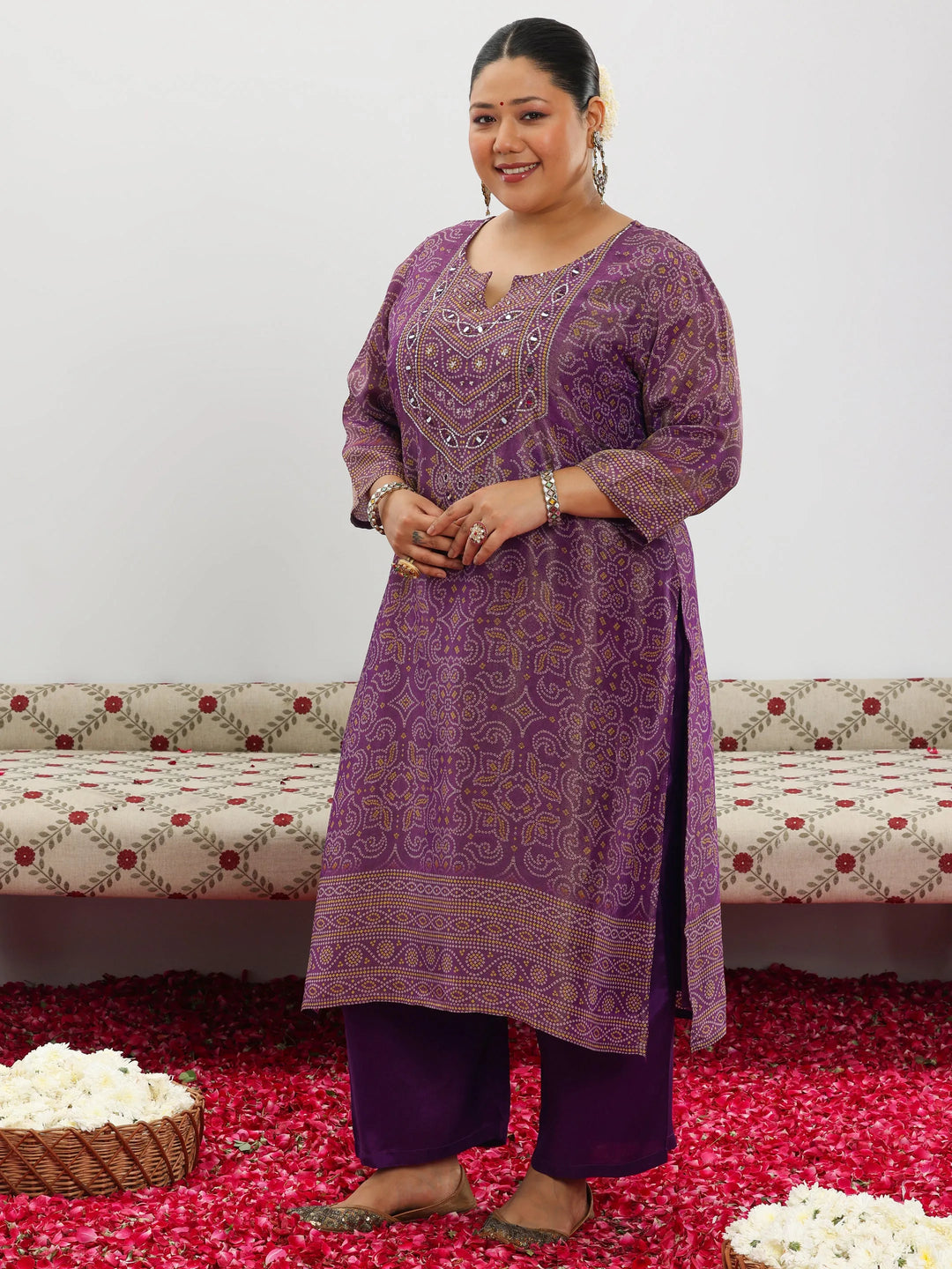  Plus Size Purple Printed Silk Blend Straight Suit With Dupatta 