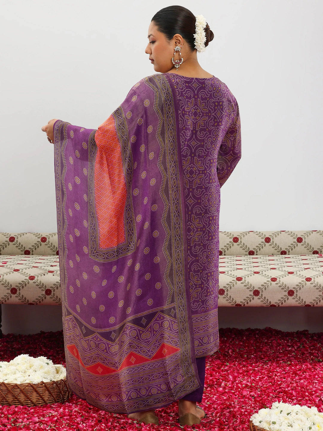  Plus Size Purple Printed Silk Blend Straight Suit With Dupatta 