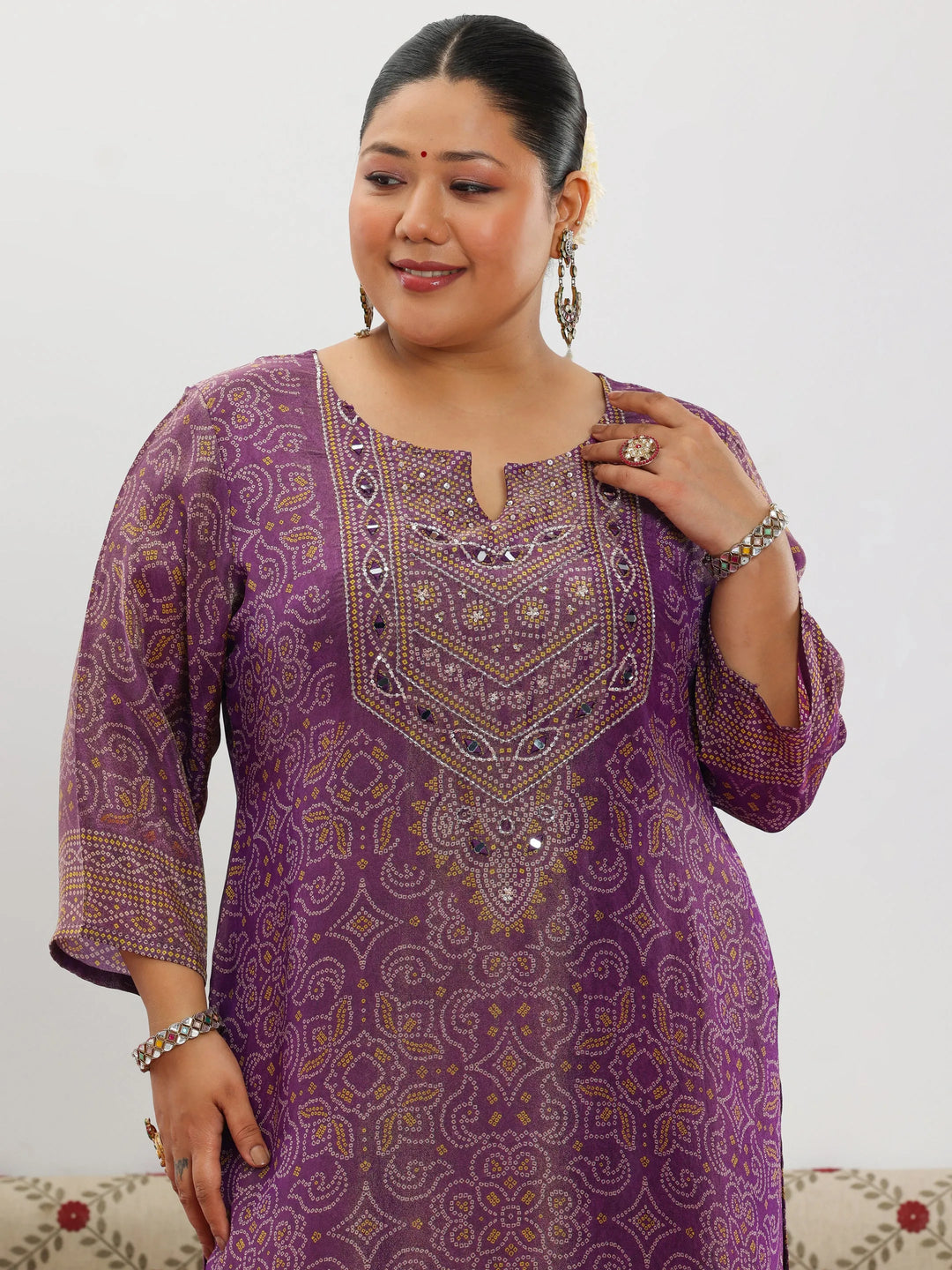 Plus Size Purple Printed Silk Blend Straight Suit With Dupatta 