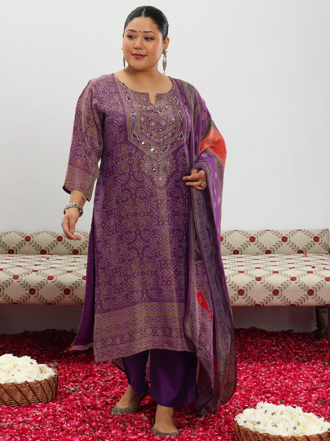  Plus Size Purple Printed Silk Blend Straight Suit With Dupatta 