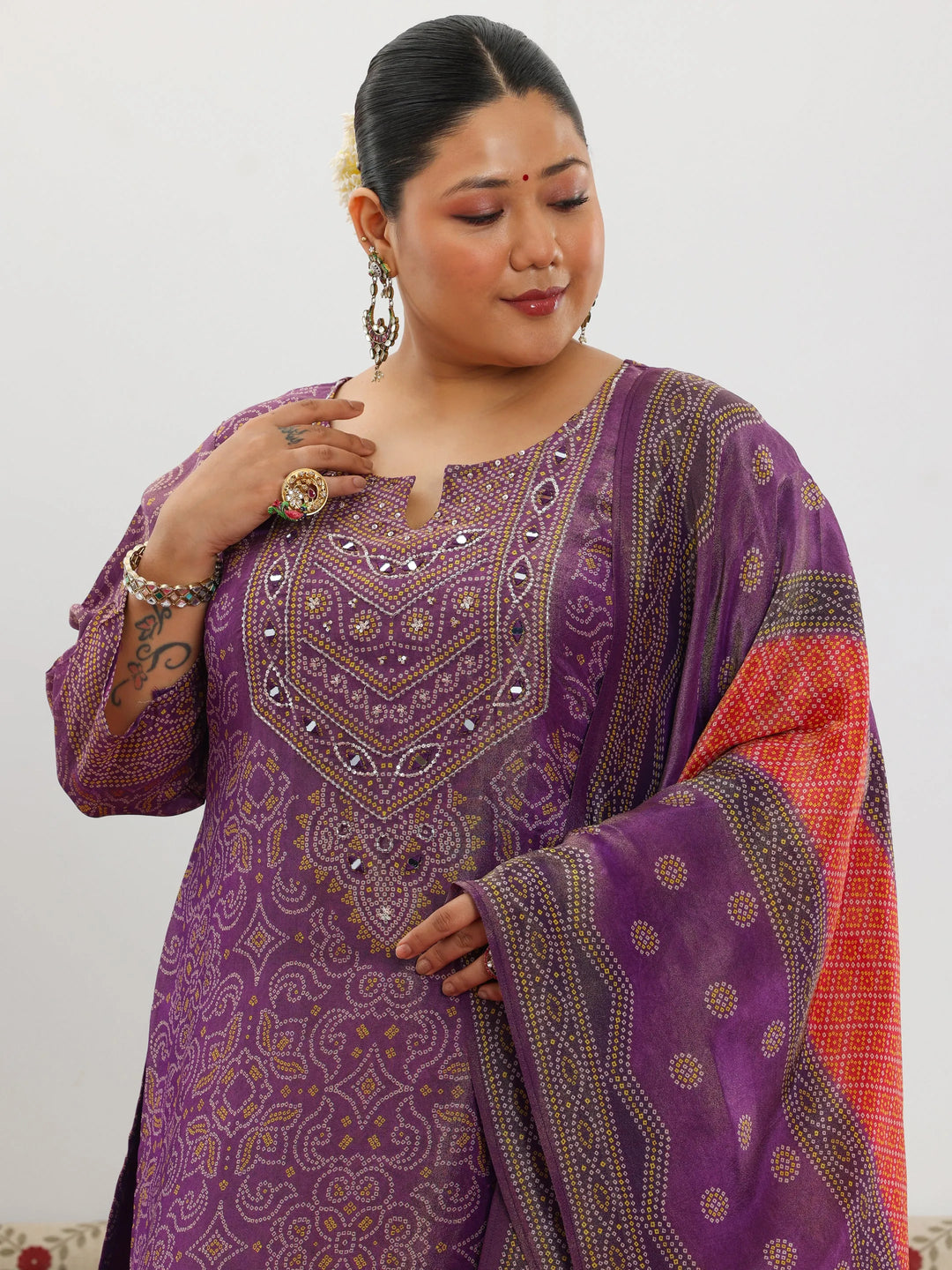  Plus Size Purple Printed Silk Blend Straight Suit With Dupatta 