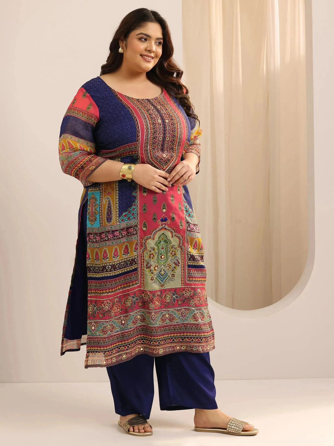  Plus Size Mutli Printed Organza Straight Suit Set With Dupatta 