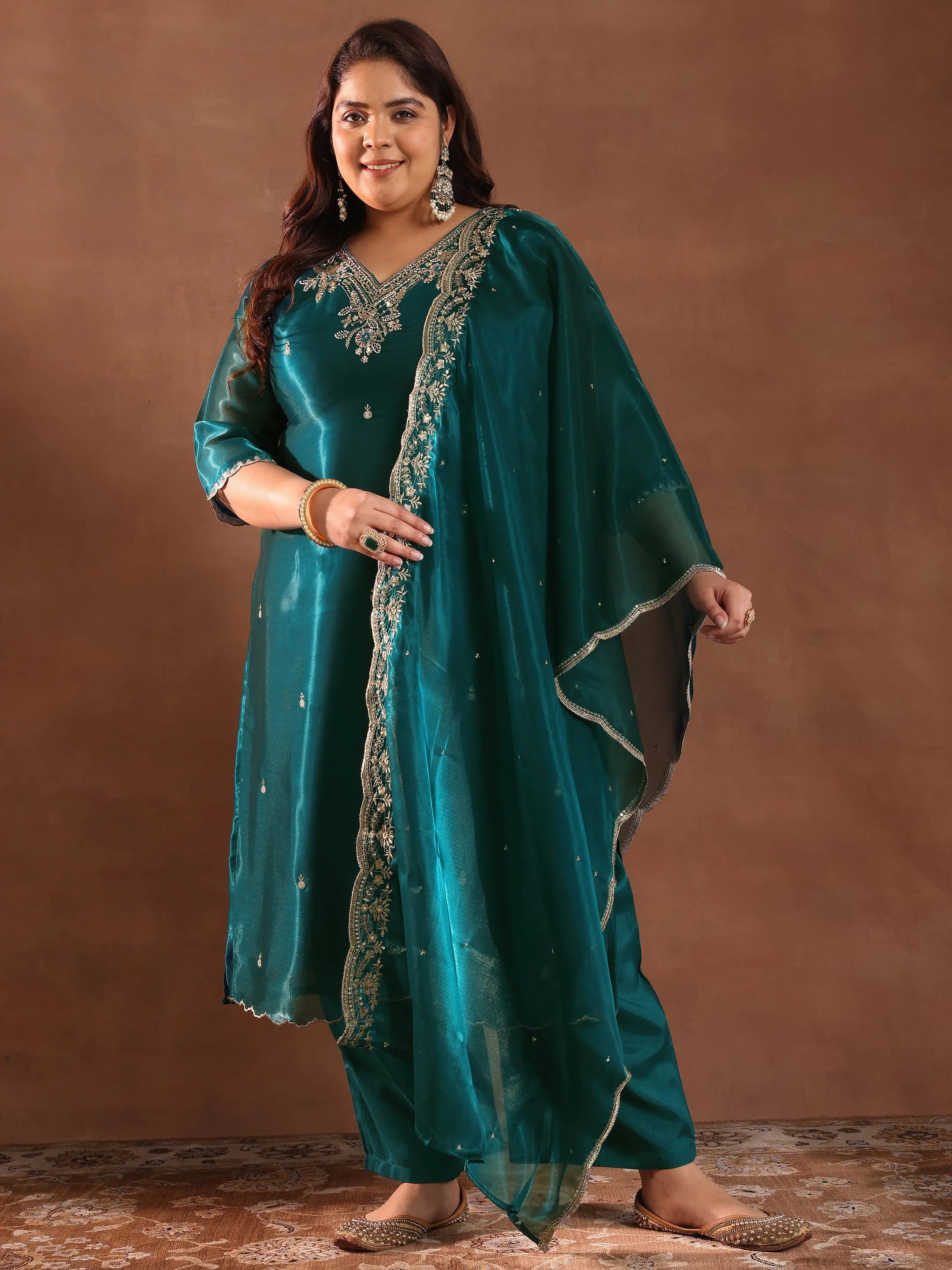 libas Plus Size Teal Yoke Design Tissue Straight Suit With Dupatta-picture-10