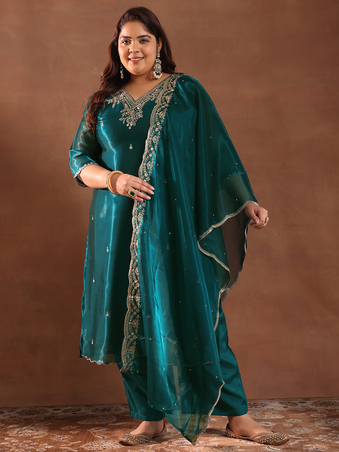 libas Plus Size Teal Yoke Design Tissue Straight Suit Set With Dupatta-picture-24