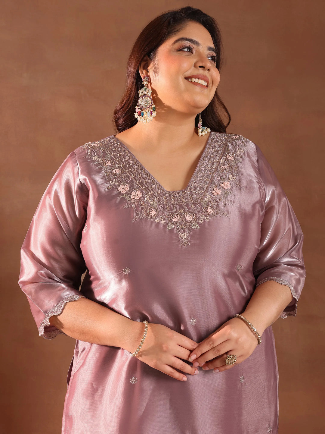  Plus Size Mauve Yoke Design Tissue Straight Suit With Dupatta 