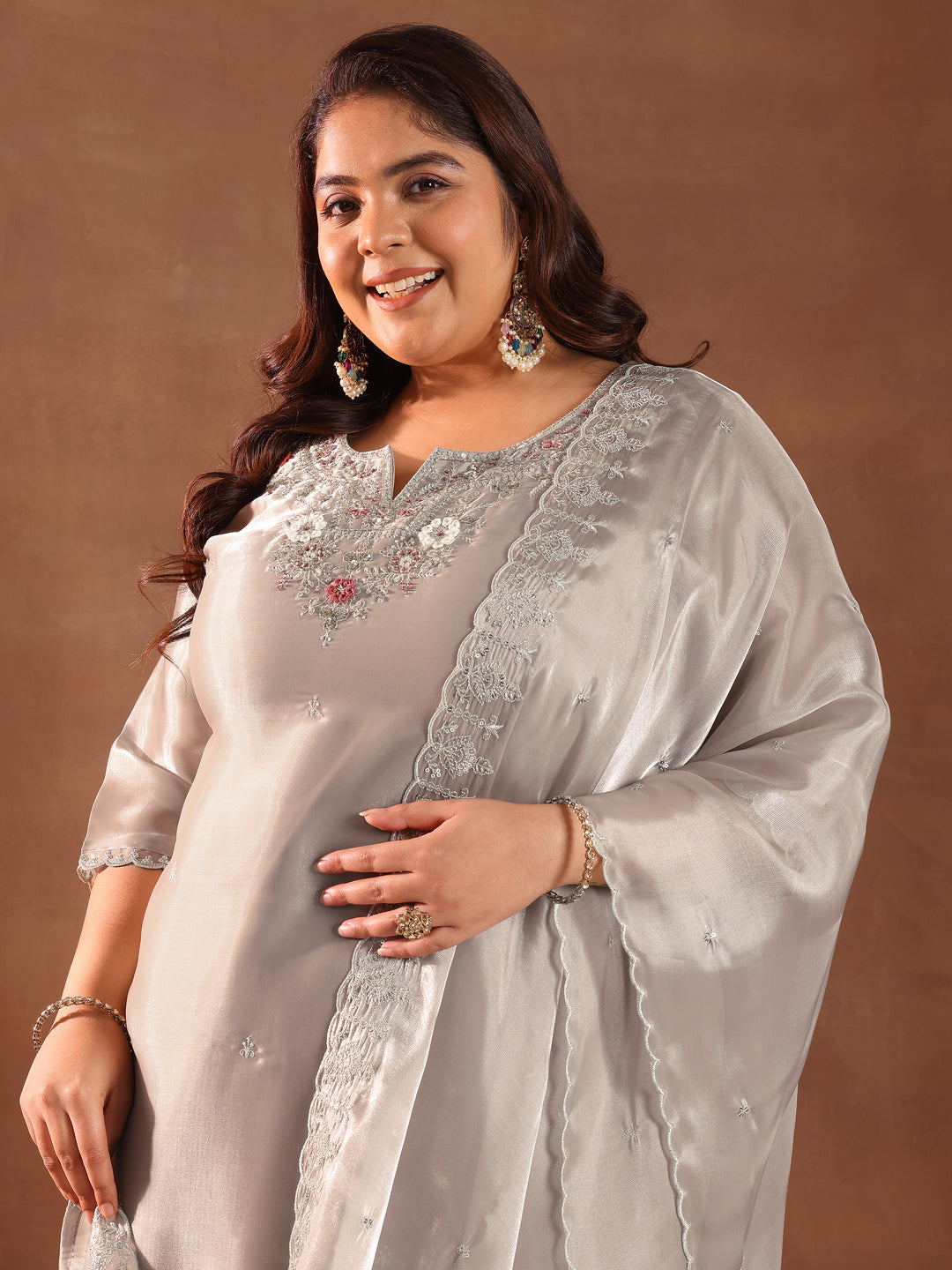  Plus Size Taupe Yoke Design Tissue Straight Suit With Dupatta 