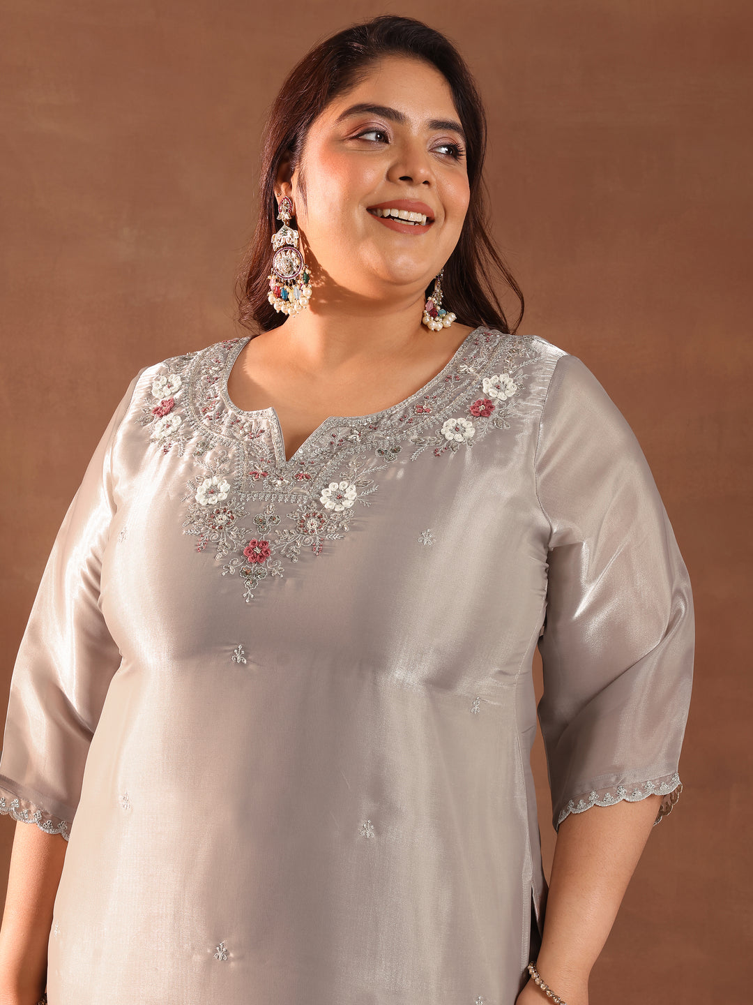  Plus Size Taupe Yoke Design Tissue Straight Suit With Dupatta 