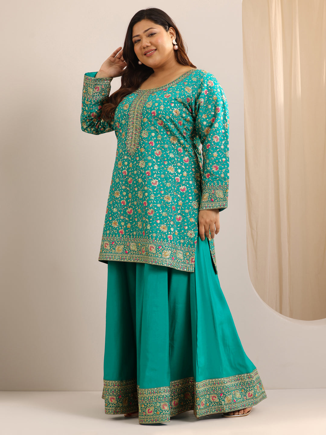  Plus Size Green Embroidered Silk Blend Straight Sharara Suit Set With Dupatta 