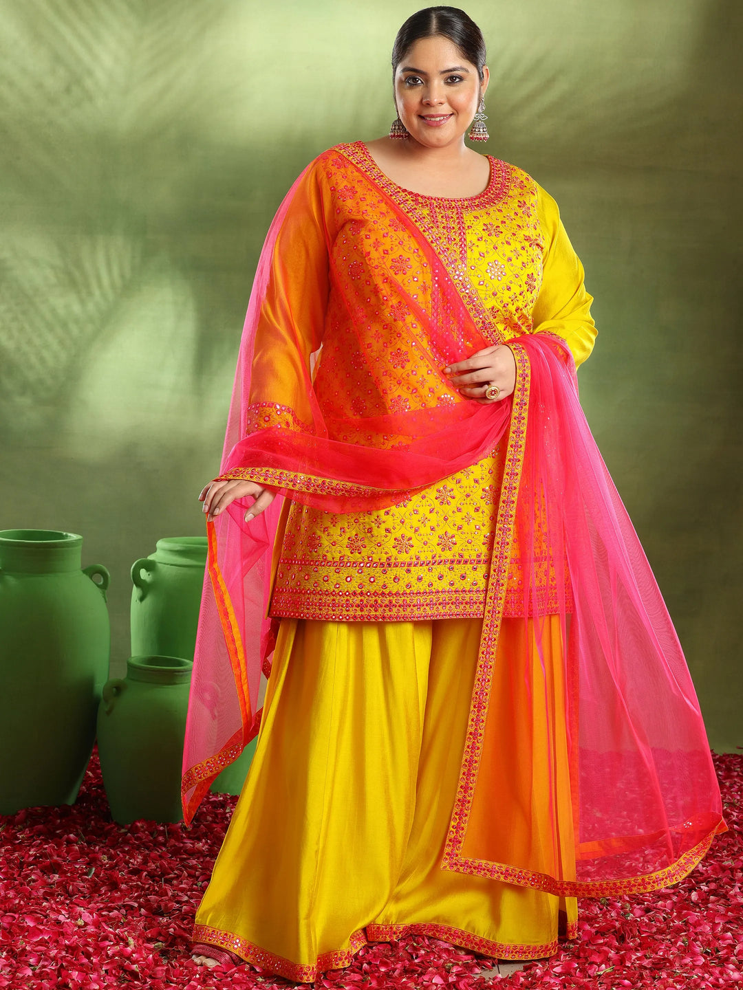 Plus Size Mustard Embroidered Silk Blend Straight Suit With Dupatta 