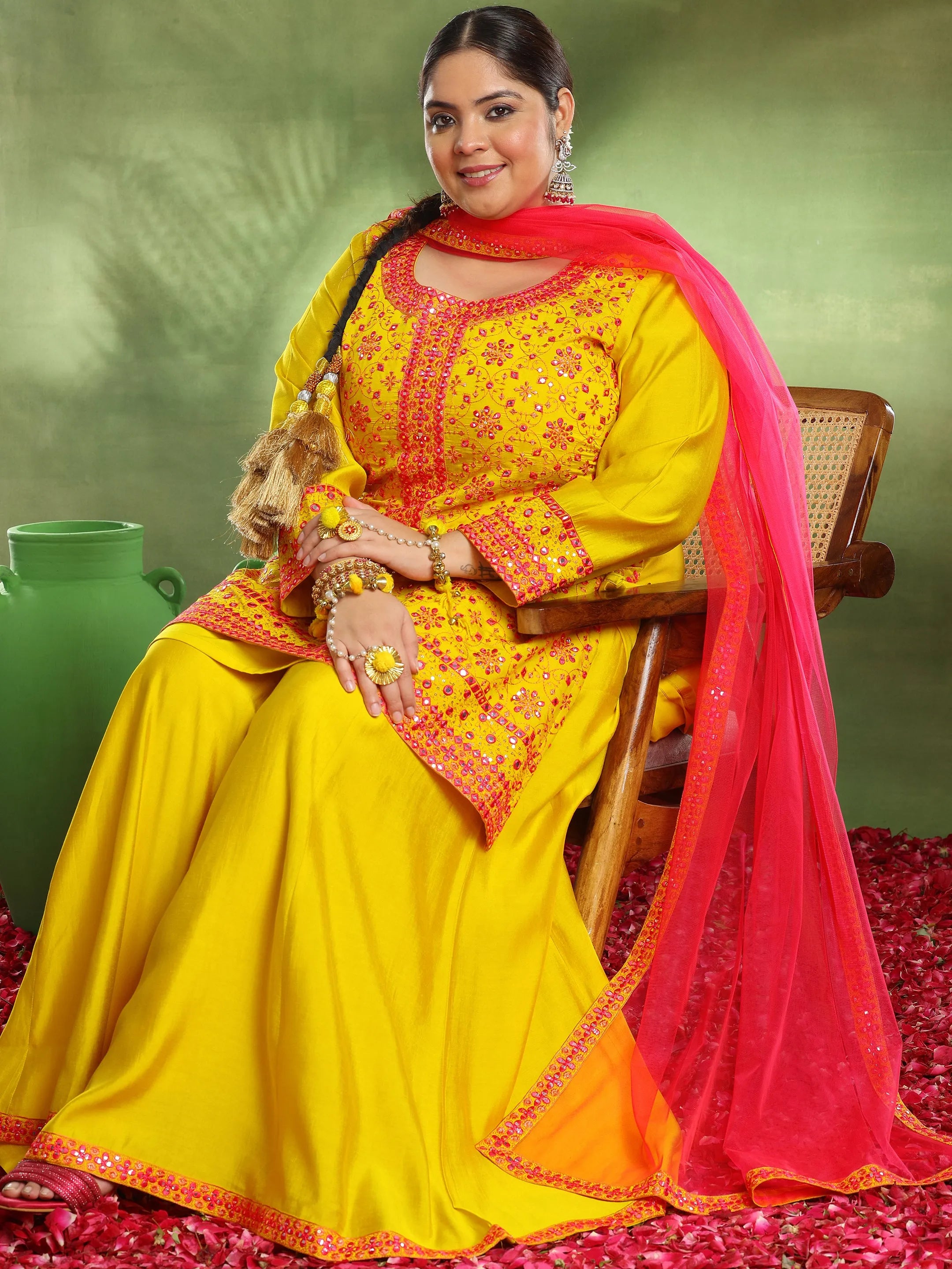 libas Plus Size Mustard Embroidered Silk Blend Straight Suit With Dupatta-picture-11