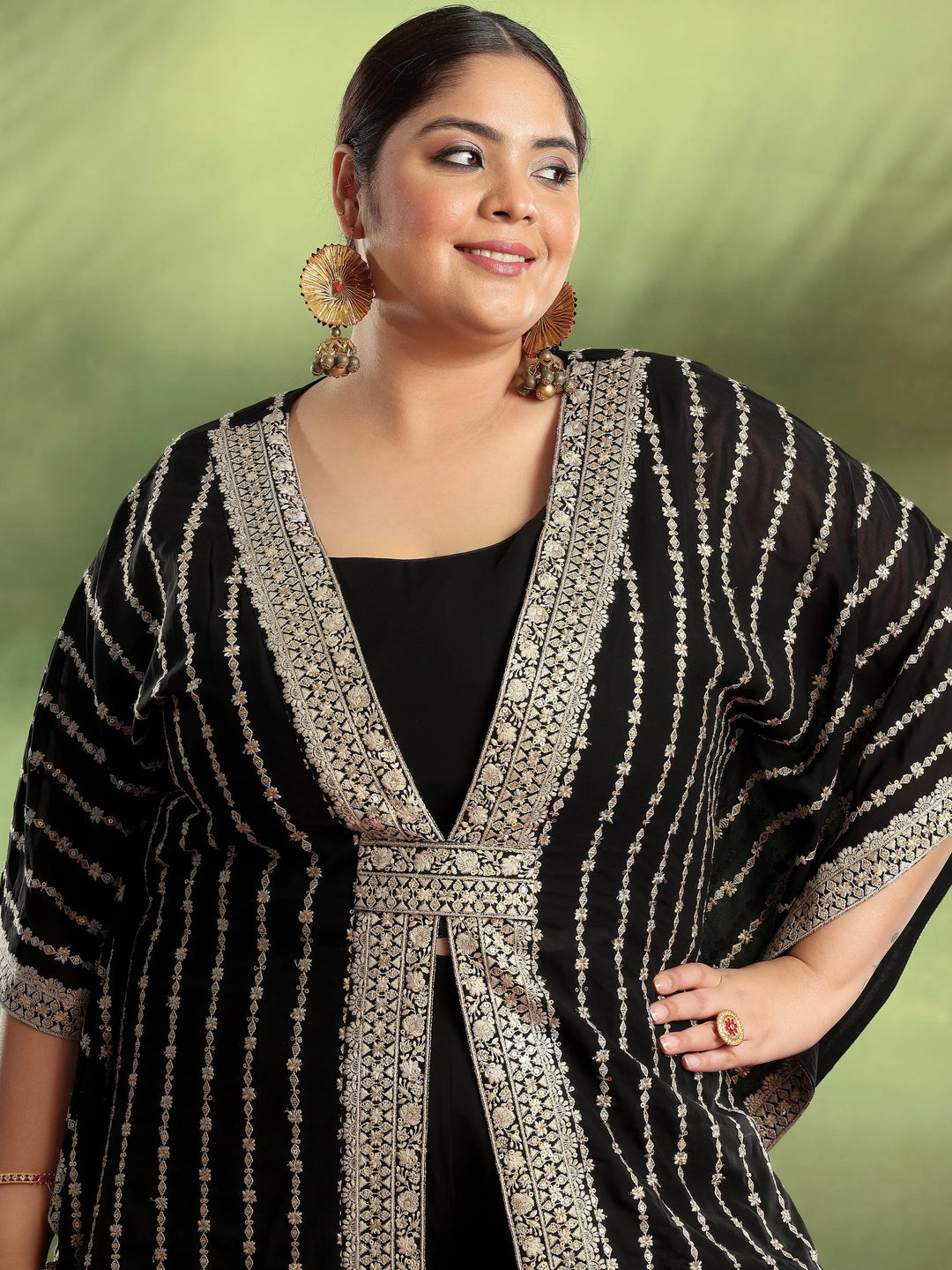  Plus Size Black Embroidered Georgette Kurta Set 