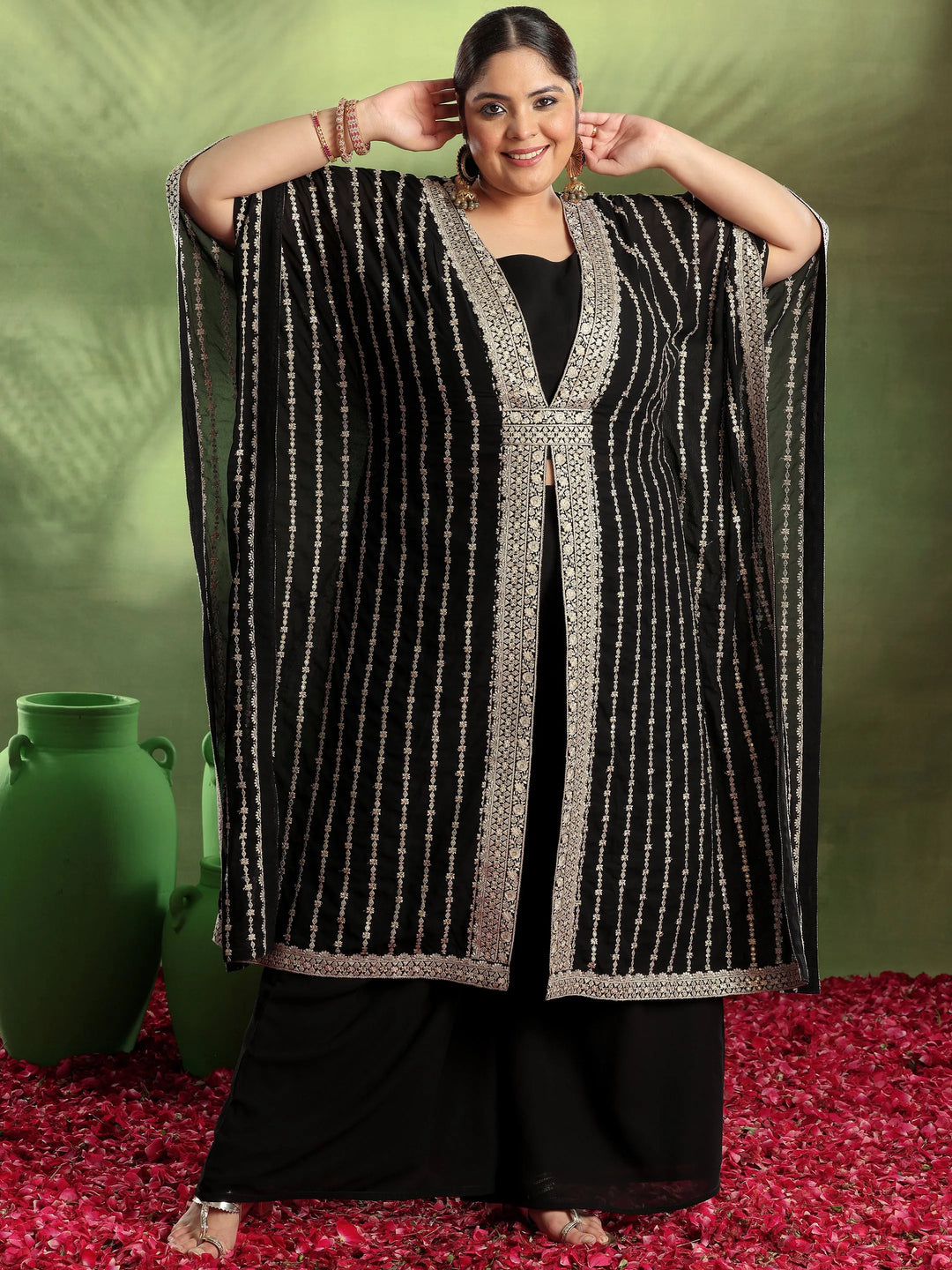  Plus Size Black Embroidered Georgette Kurta Set 