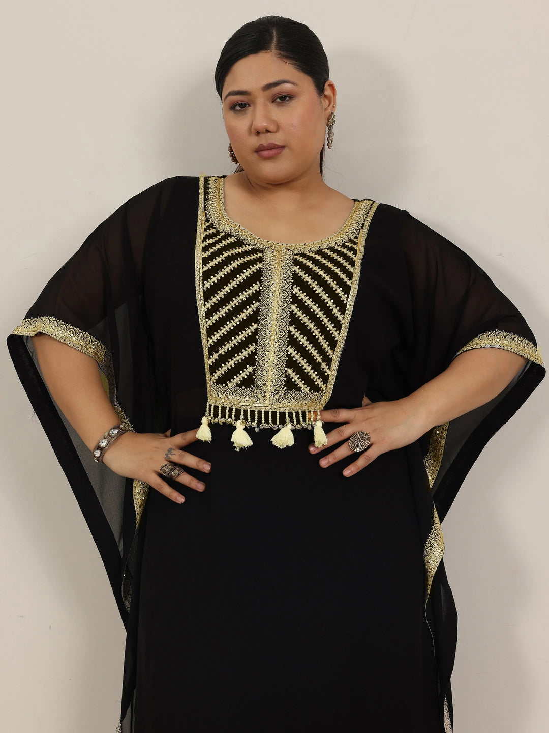  Plus Size Black Embroidered Georgette Kaftan Kurta Set 