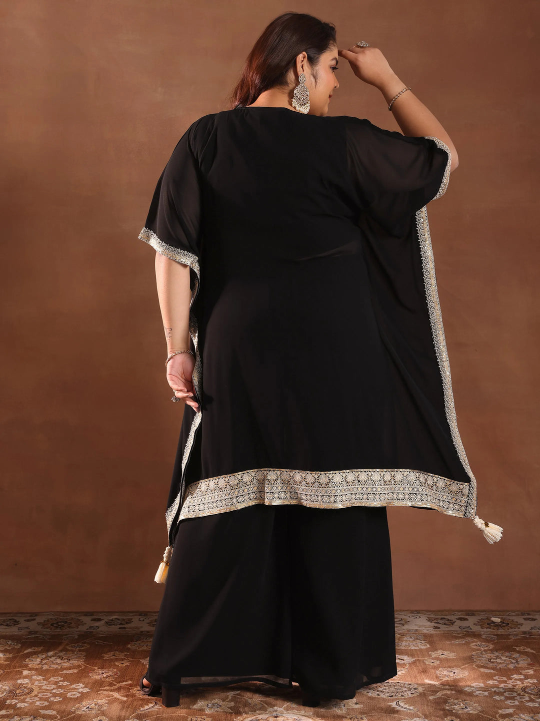  Plus Size Black Embroidered Georgette Kaftan Kurta Set 
