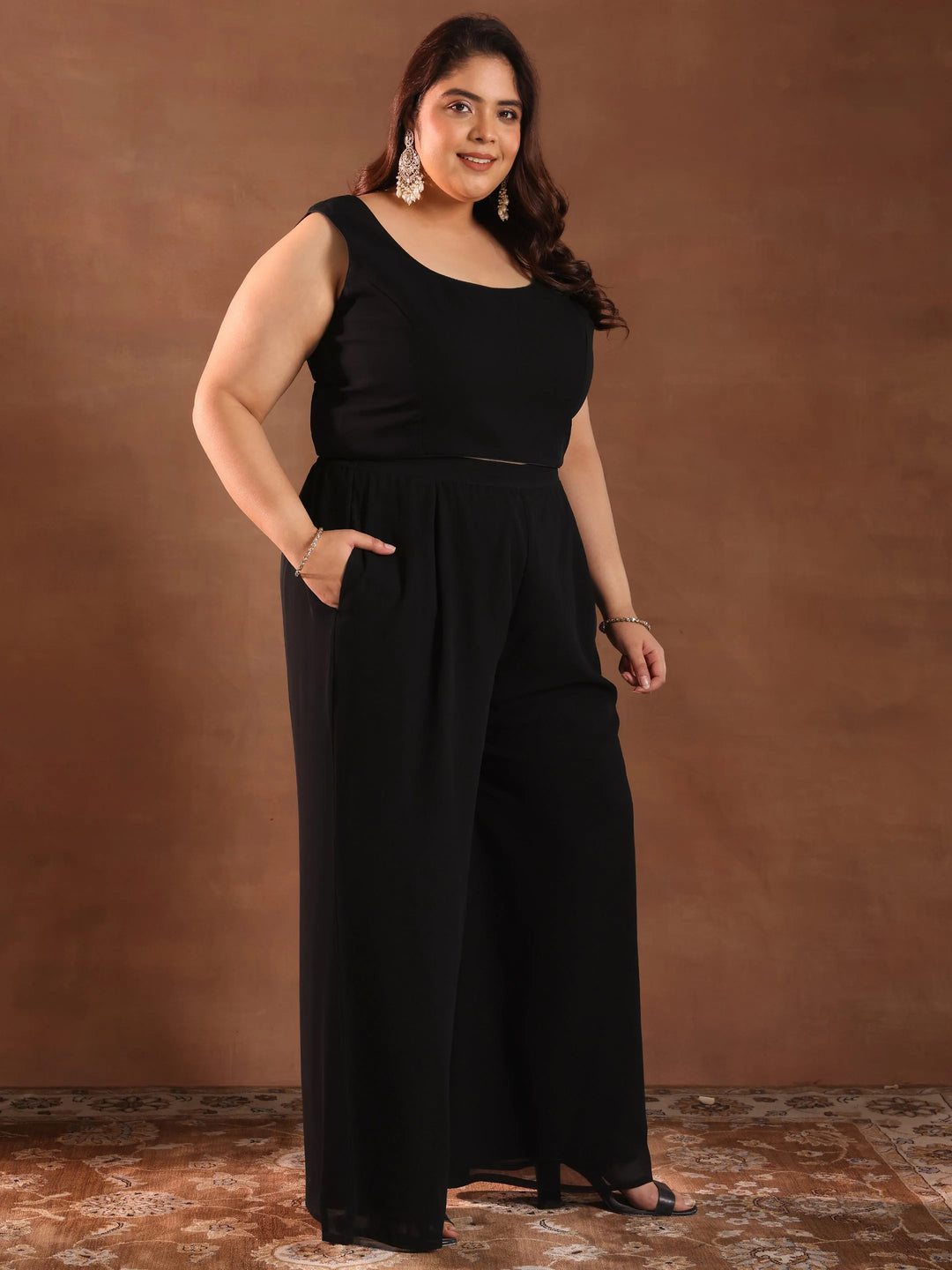  Plus Size Black Embroidered Georgette Kaftan Kurta Set 