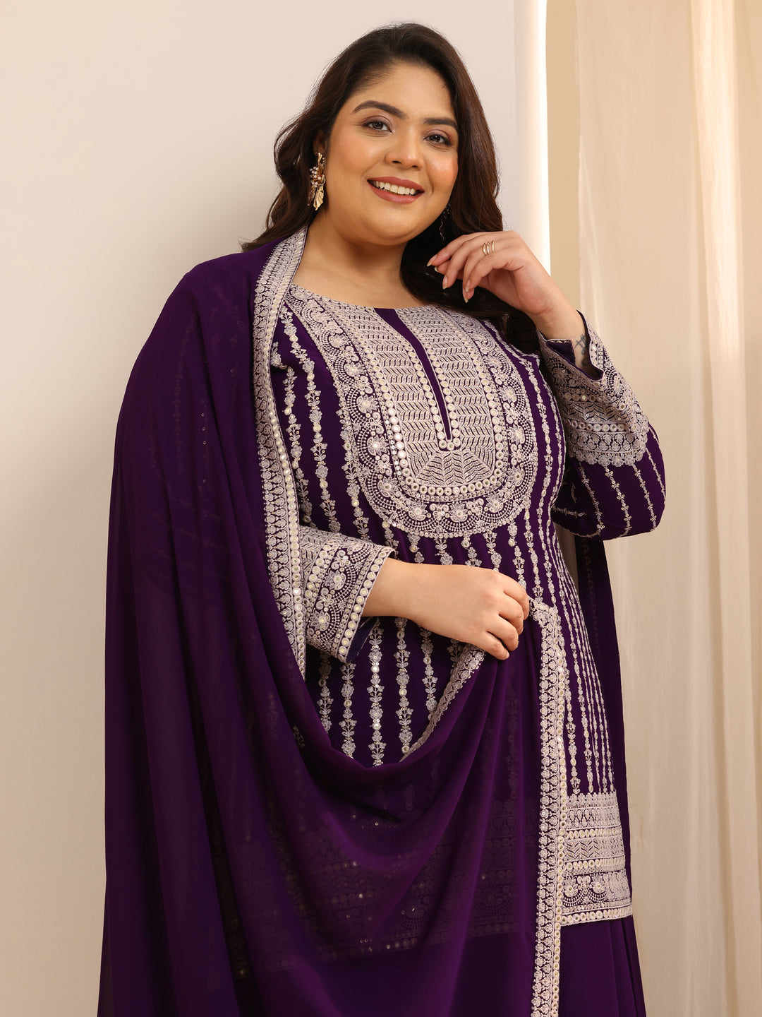  Plus Size Purple Embroidered Georgette A line Suit Set With Dupatta 