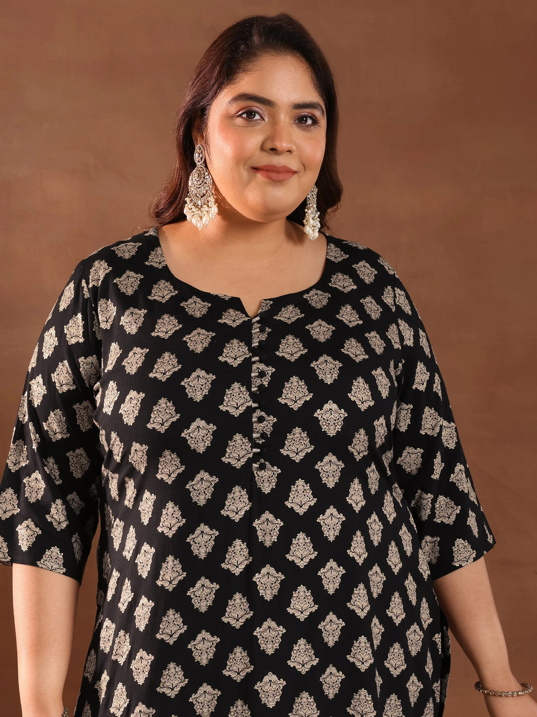  Plus Size Black Printed Silk Blend Straight Suit With Dupatta 