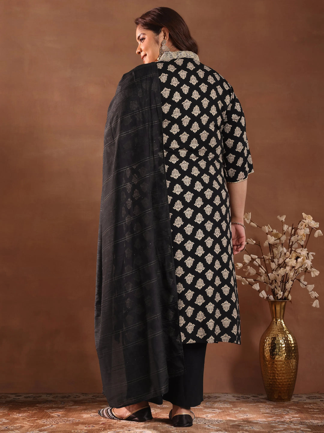  Plus Size Black Printed Silk Blend Straight Suit With Dupatta 