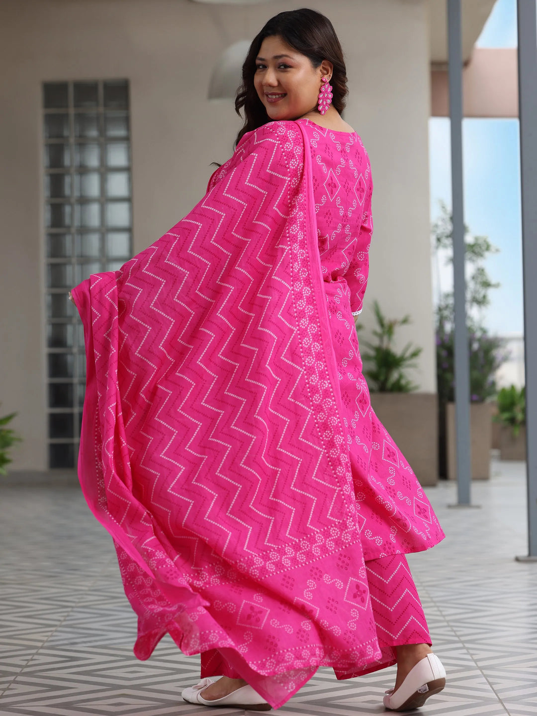  Plus Size Pink Printed Cotton Straight Suit With Dupatta 