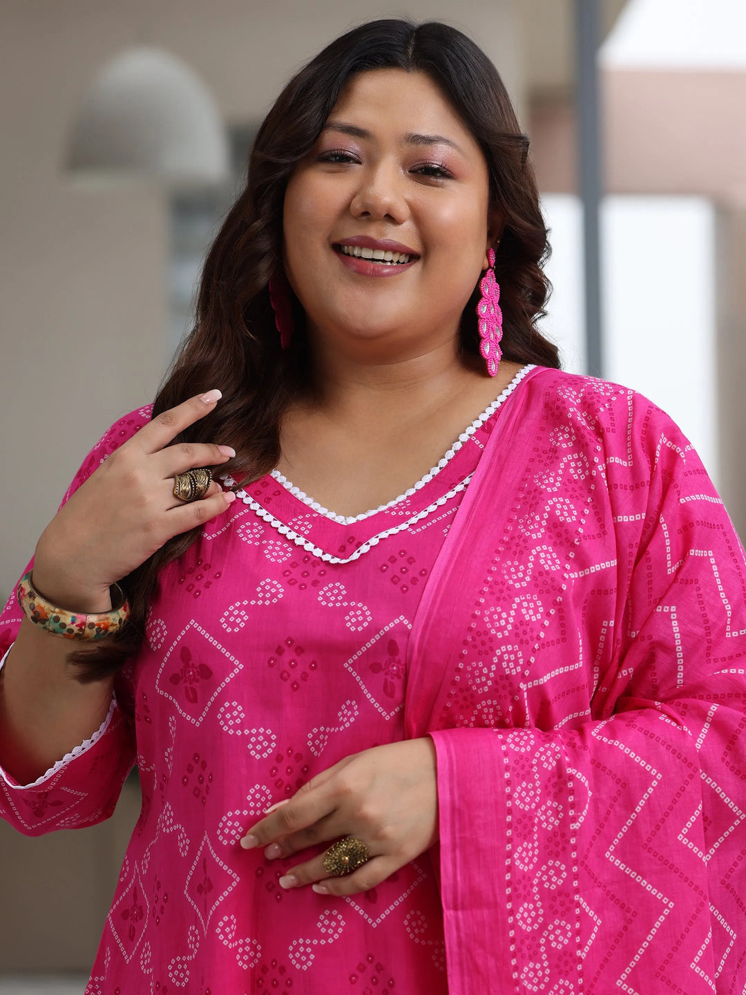  Plus Size Pink Printed Cotton Straight Suit With Dupatta 