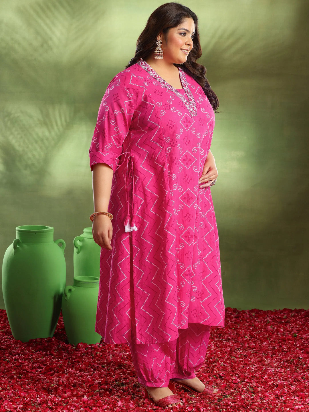  Plus Size Pink Printed Cotton A-Line Kurta With Salwar & Dupatta 