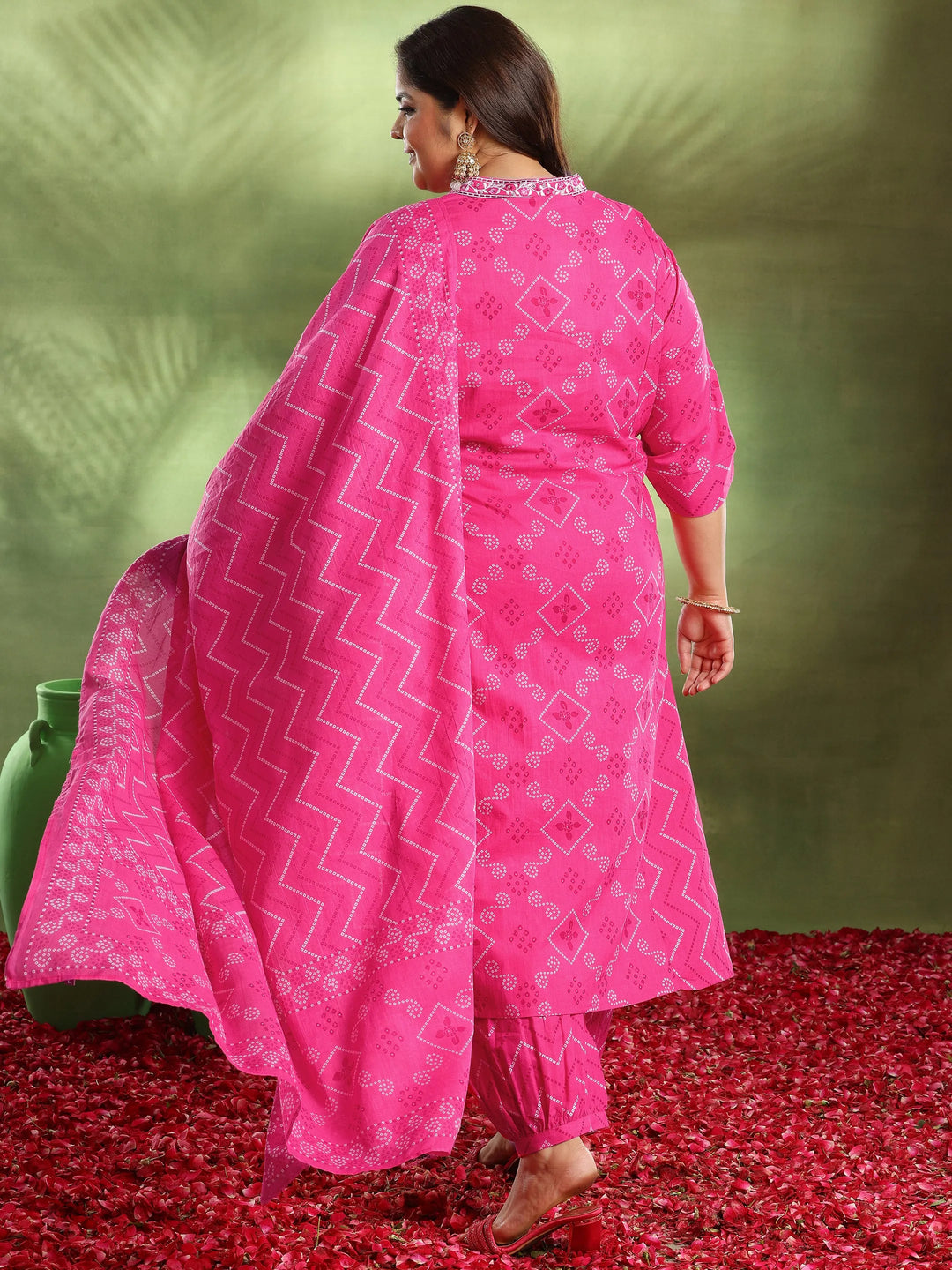  Plus Size Pink Printed Cotton A-Line Kurta With Salwar & Dupatta 