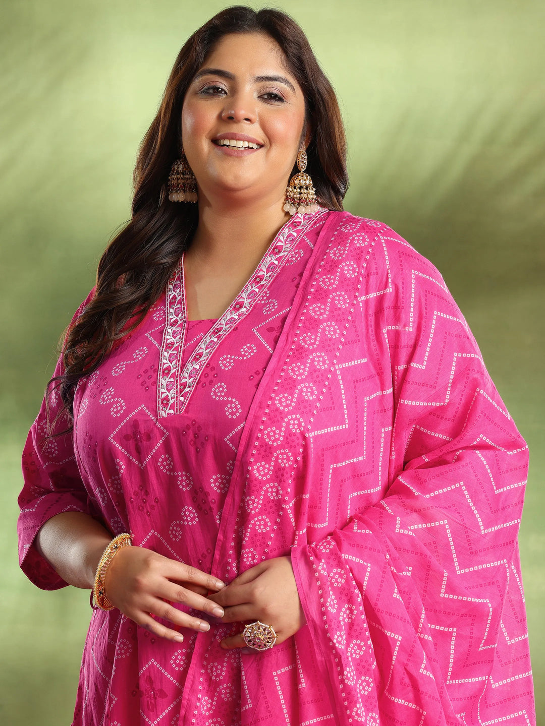  Plus Size Pink Printed Cotton A-Line Kurta With Salwar & Dupatta 