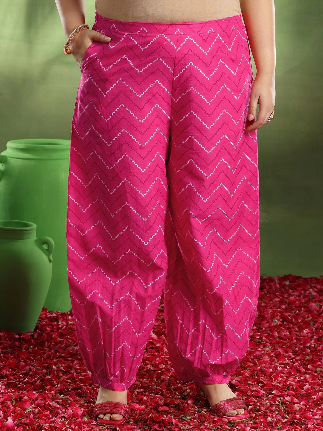  Plus Size Pink Printed Cotton A-Line Kurta With Salwar & Dupatta 