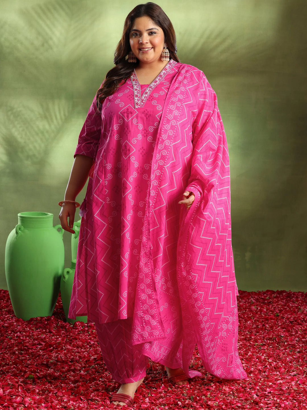  Plus Size Pink Printed Cotton A-Line Kurta With Salwar & Dupatta 