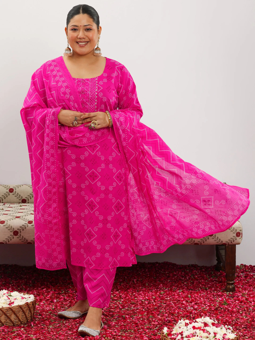 Plus Size Pink Printed Cotton Straight Suit With Dupatta
